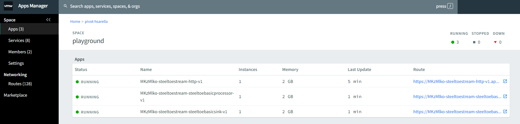 Cloud Foundry Apps Manager with the deployed Stream Application